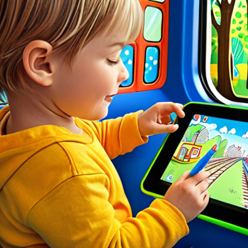 Home 16 **Prompt 1: Digital Drawing & Imagination**
A happy young child, aged 5-7, intensely focused on a vibrant digital tablet, drawing or coloring a Titipo train. The tablet screen displays Titipo in a creatively designed, whimsical train station or a magical forest background, with visible digital art tools and colorful strokes. The child's hand holds a stylus or finger. Cozy, brightly lit children's room, emphasizing imagination, creativity, and the joy of digital art. Vivid colors, soft lighting, wide-angle shot showing the child and screen.