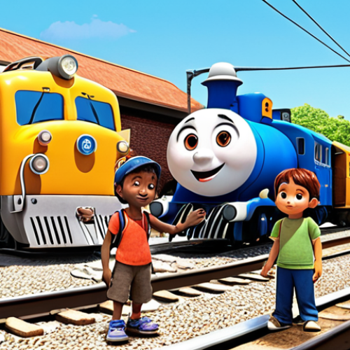 Home 15 Titi Po and friends learning empathy**
Prompt: A heartwarming scene depicting Titi Po and his diverse group of train friends (Roco, Genie, Diesel, Eric) gathered together. Titi Po is in the center, looking slightly clumsy but eager to learn. Roco offers a kind smile, Genie appears encouraging, Diesel is supportive, and even Eric shows a hint of understanding. The background suggests a sunny train depot. The overall feel is one of learning, understanding, and positive relationships. Children's animation style.
**