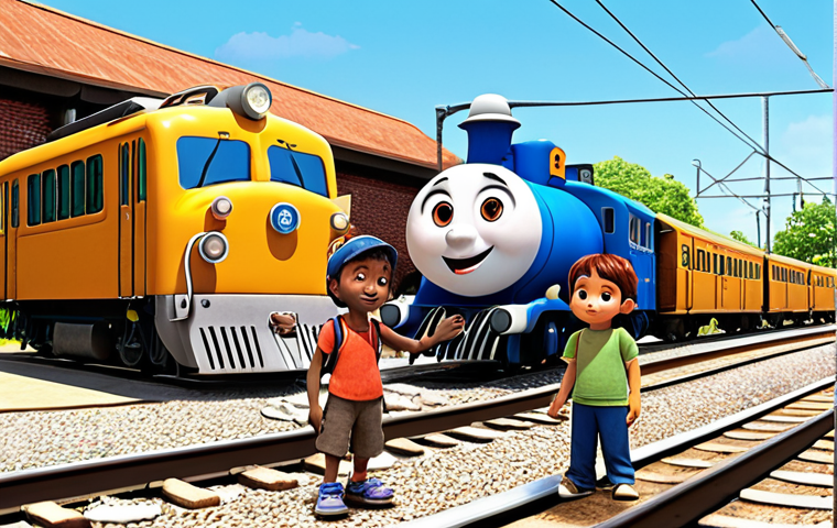 Titi Po and friends learning empathy**
Prompt: A heartwarming scene depicting Titi Po and his diverse group of train friends (Roco, Genie, Diesel, Eric) gathered together. Titi Po is in the center, looking slightly clumsy but eager to learn. Roco offers a kind smile, Genie appears encouraging, Diesel is supportive, and even Eric shows a hint of understanding. The background suggests a sunny train depot. The overall feel is one of learning, understanding, and positive relationships. Children's animation style.
**