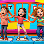 **Prompt:** "A vibrant and cheerful scene of children joyfully participating in a 'Titipo' themed dance challenge on YouTube, set against a colorful background with the 'Titipo' logo and cartoon trains. The style is bright, cartoonish, and energetic, capturing the fun of learning and movement."