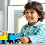 A joyful young child, 4-6 years old, fully clothed in comfortable, modest attire, holding a newly 3D-printed, vibrantly colored toy train, similar in style to Titipo, with wide, amazed eyes. A caring parent, in professional dress, stands beside them, smiling warmly and observing the child's delight. The scene is set in a sunlit, modern home living room with soft, inviting decor. In the background, a subtle, out-of-focus hint of a 3D printer on a desk. The atmosphere is filled with wonder and warmth, captured with professional photography, high resolution, and soft lighting. Perfect anatomy, correct proportions, natural pose, well-formed hands, proper finger count, natural body proportions, safe for work, appropriate content, fully clothed, family-friendly.