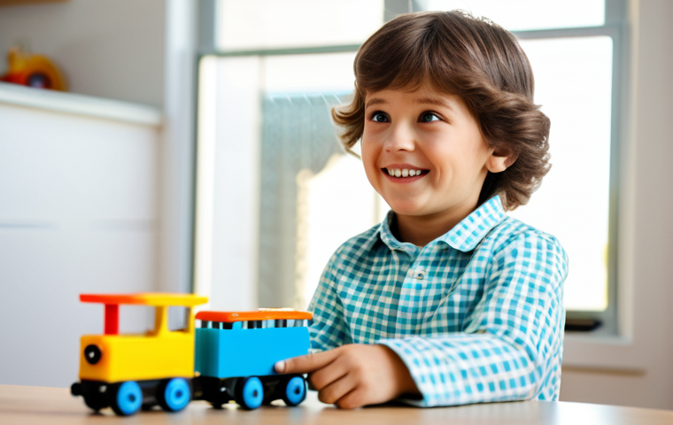 A joyful young child, 4-6 years old, fully clothed in comfortable, modest attire, holding a newly 3D-printed, vibrantly colored toy train, similar in style to Titipo, with wide, amazed eyes. A caring parent, in professional dress, stands beside them, smiling warmly and observing the child's delight. The scene is set in a sunlit, modern home living room with soft, inviting decor. In the background, a subtle, out-of-focus hint of a 3D printer on a desk. The atmosphere is filled with wonder and warmth, captured with professional photography, high resolution, and soft lighting. Perfect anatomy, correct proportions, natural pose, well-formed hands, proper finger count, natural body proportions, safe for work, appropriate content, fully clothed, family-friendly.