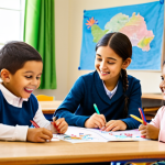 A group of diverse children, aged 5-7, fully clothed in modest, comfortable attire, joyfully engaged in a storytelling and art activity in a brightly lit, family-friendly classroom. One child is actively drawing a colorful train, Titipo, at a low table with crayons and paper, while another holds a Titipo train character, role-playing and verbally creating an imaginative story. The background features child-friendly decorations and shelves with art supplies. The scene emphasizes creative expression, imaginative play, and language development. perfect anatomy, correct proportions, natural pose, well-formed hands, proper finger count, natural body proportions, professional photography, high quality, safe for work, appropriate content, fully clothed, family-friendly.