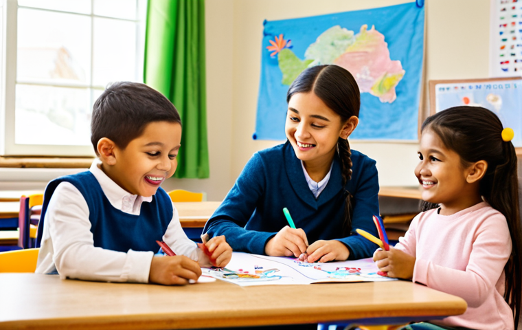 A group of diverse children, aged 5-7, fully clothed in modest, comfortable attire, joyfully engaged in a storytelling and art activity in a brightly lit, family-friendly classroom. One child is actively drawing a colorful train, Titipo, at a low table with crayons and paper, while another holds a Titipo train character, role-playing and verbally creating an imaginative story. The background features child-friendly decorations and shelves with art supplies. The scene emphasizes creative expression, imaginative play, and language development. perfect anatomy, correct proportions, natural pose, well-formed hands, proper finger count, natural body proportions, professional photography, high quality, safe for work, appropriate content, fully clothed, family-friendly.